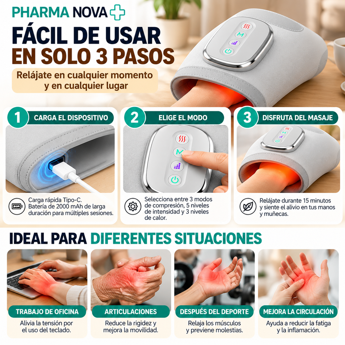 Masajeador de manos inteligente alivio de la artritis y el túnel carpiano