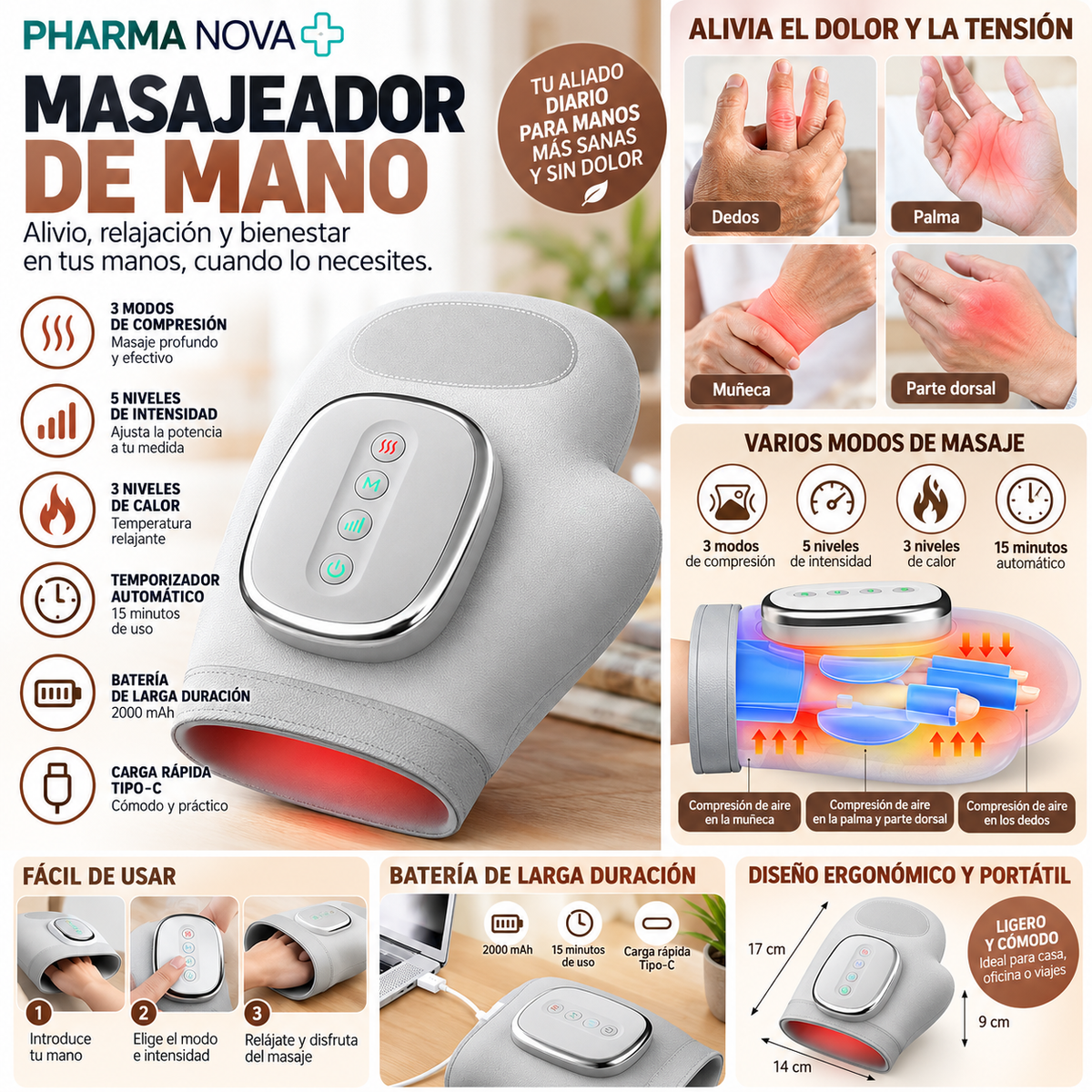 Masajeador de manos inteligente alivio de la artritis y el túnel carpiano
